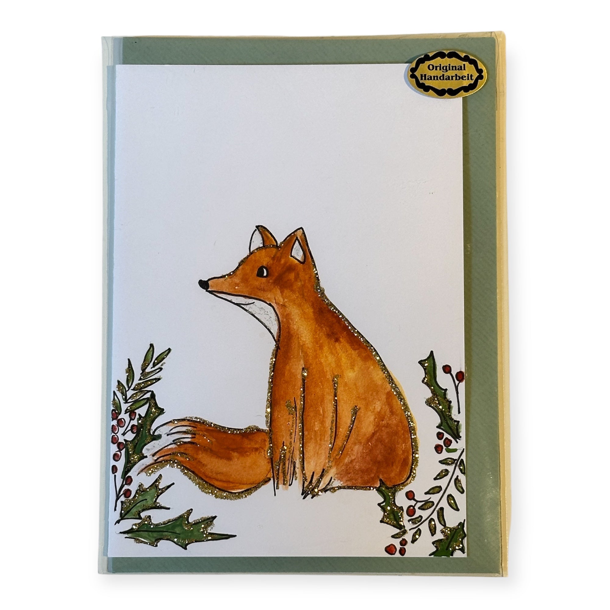 „Fuchs“ Handgemalte A6-Klappkarte mit Couvert und Glitzerdetails