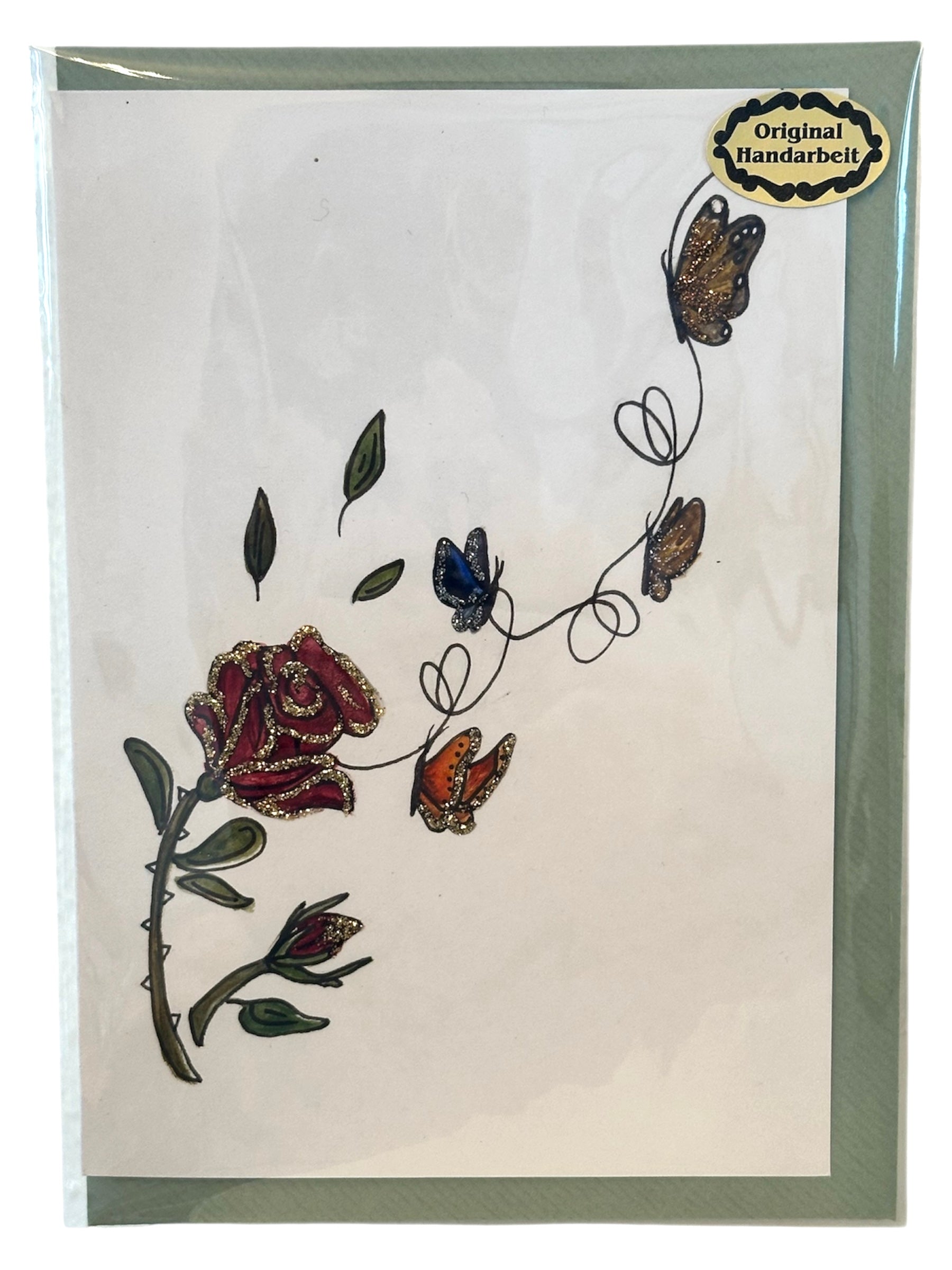 ”Herzblüte“ Handgemalte A6-Klappkarte mit Couvert und Glitzerdetails