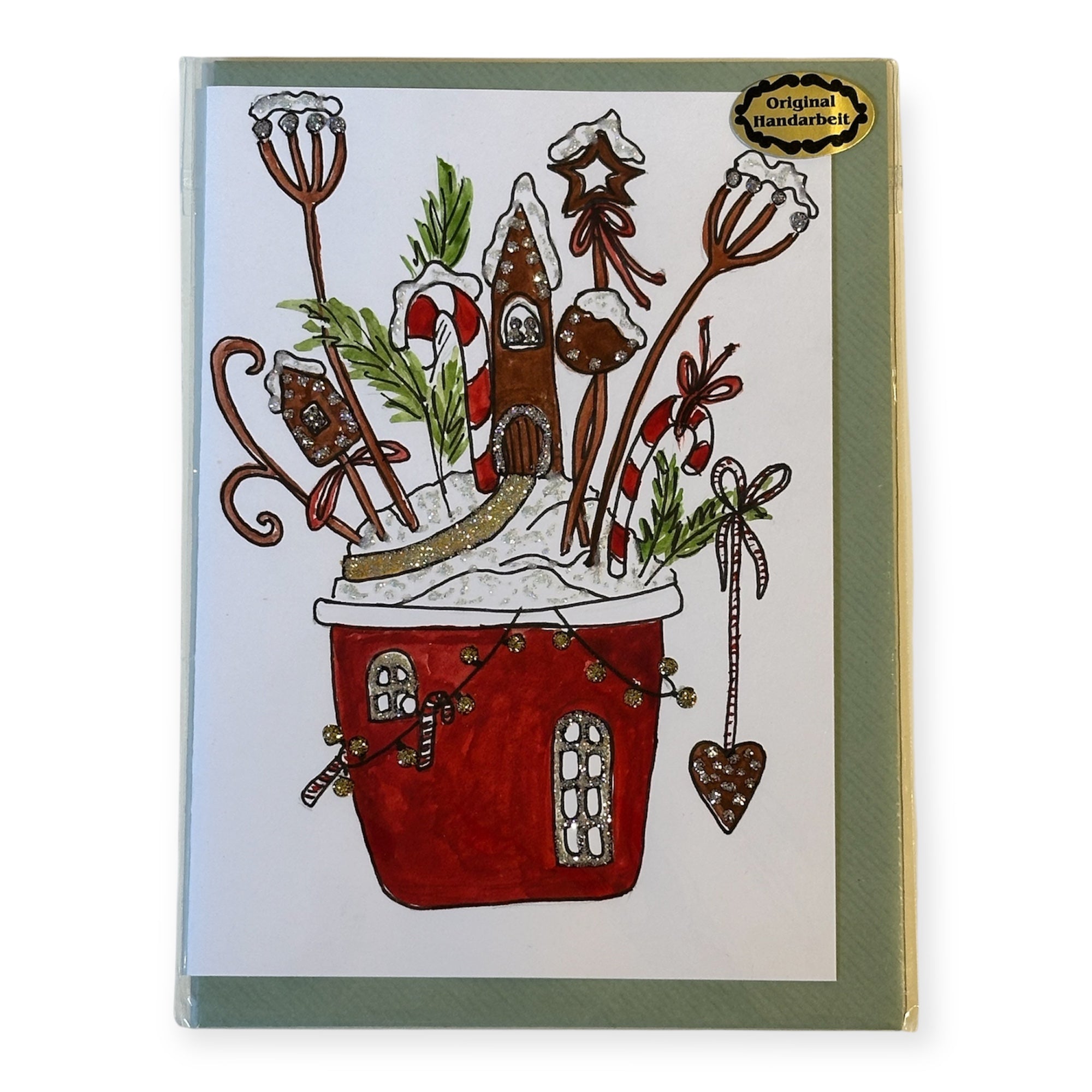 „Weihnachtshaus“ Handgemalte A6-Klappkarte mit Couvert und Glitzerdetails