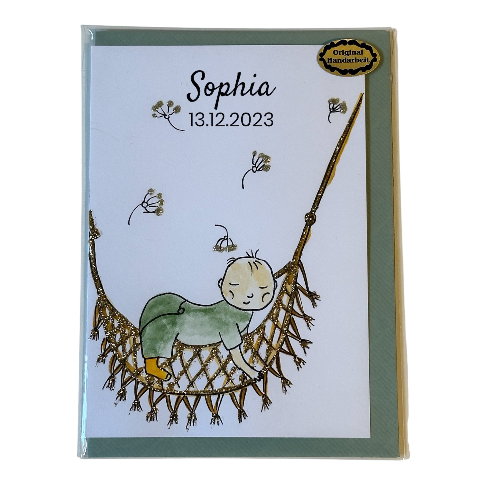 ”Sanfte Träume“ Handgemalte A6-Klappkarte mit Couvert und Glitzerdetails