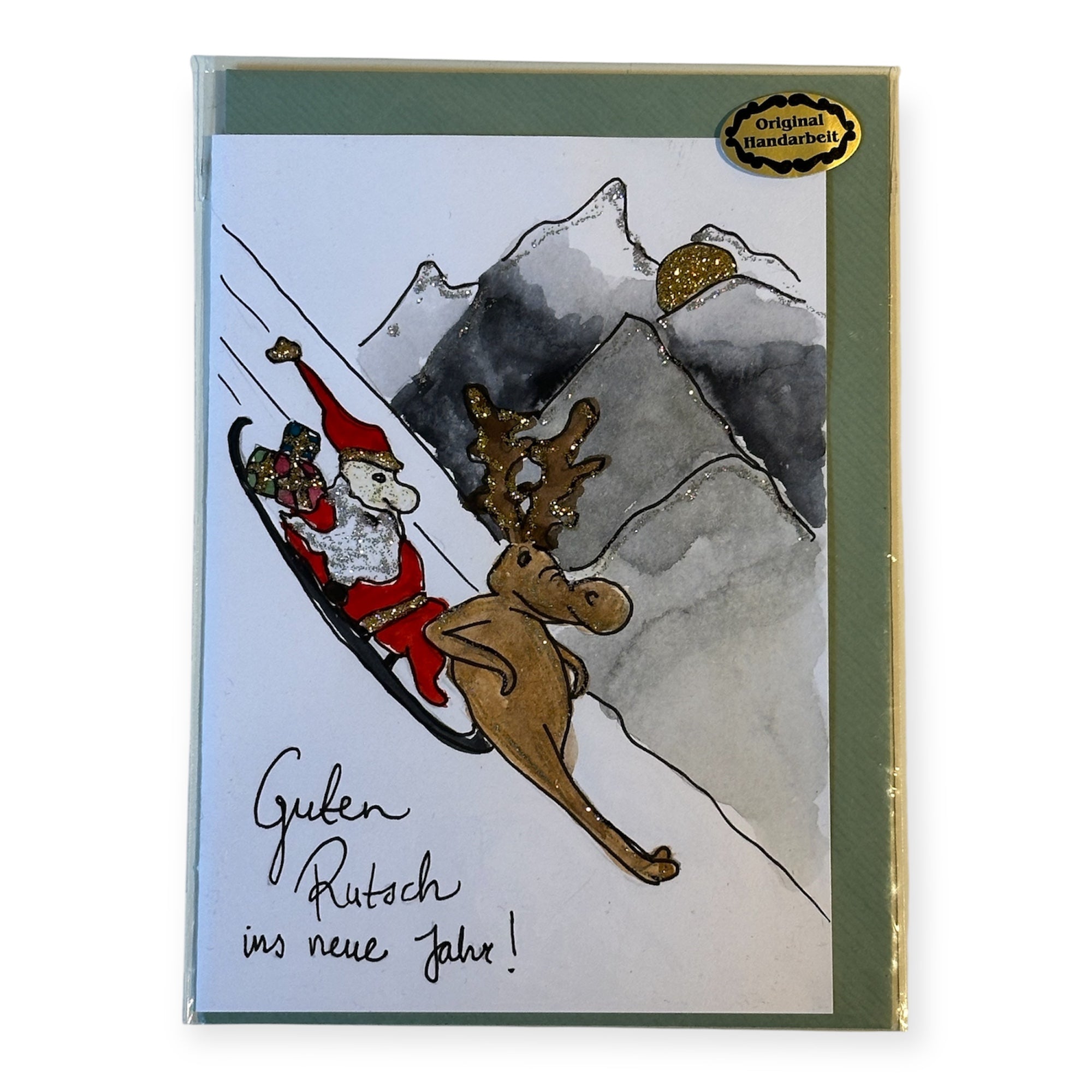 „Guten Rutsch“ Handgemalte A6-Klappkarte mit Couvert und Glitzerdetails