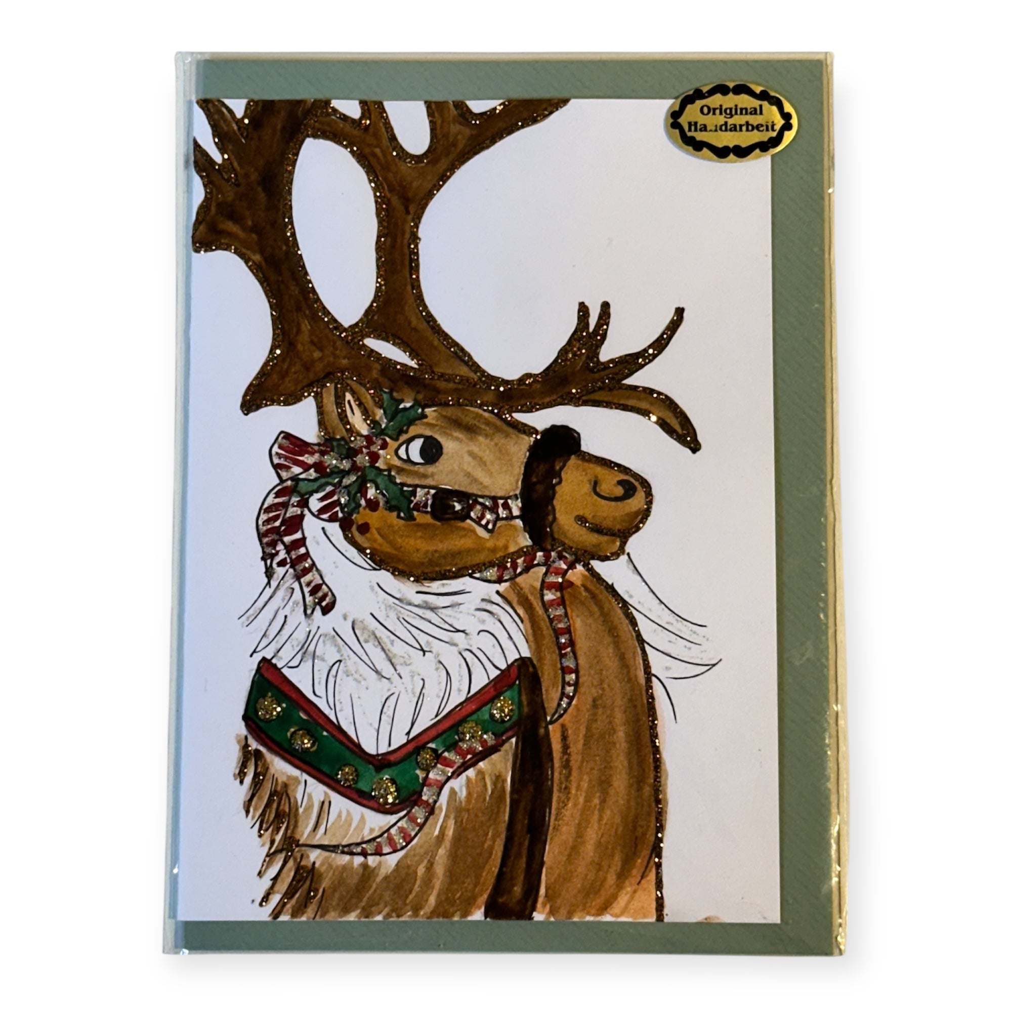 ”Rentier” Handgemalte A6-Klappkarte mit Couvert und Glitzerdetails
