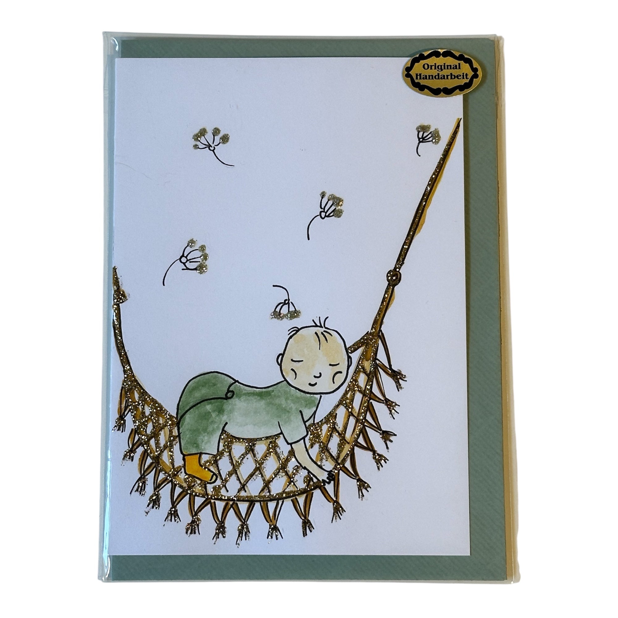 ”Sanfte Träume“ Handgemalte A6-Klappkarte mit Couvert und Glitzerdetails